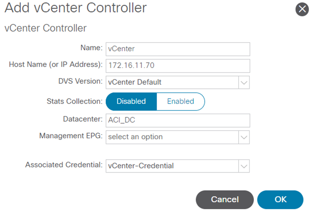 Add vCenter Controller screen