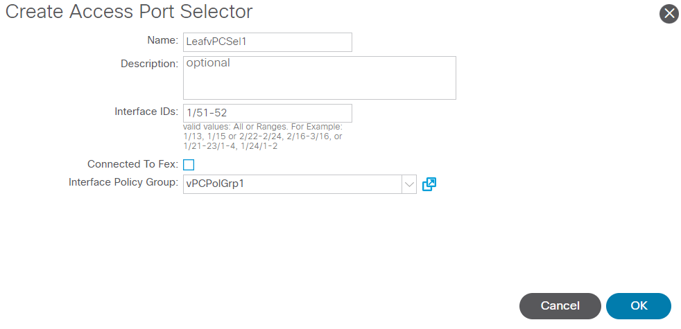 Create Access Port Selector for vPC interfaces screen