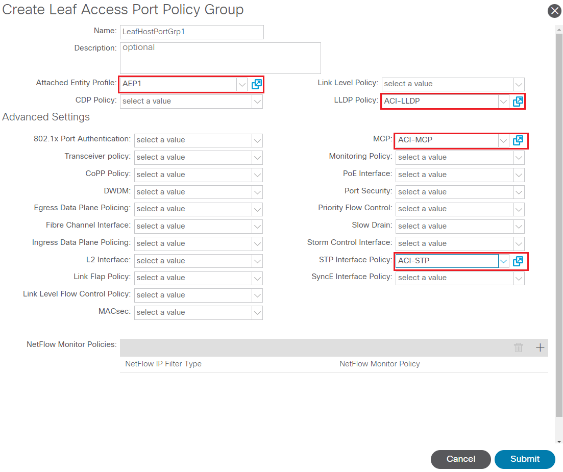 Create Leaf Access Port Policy Group screen