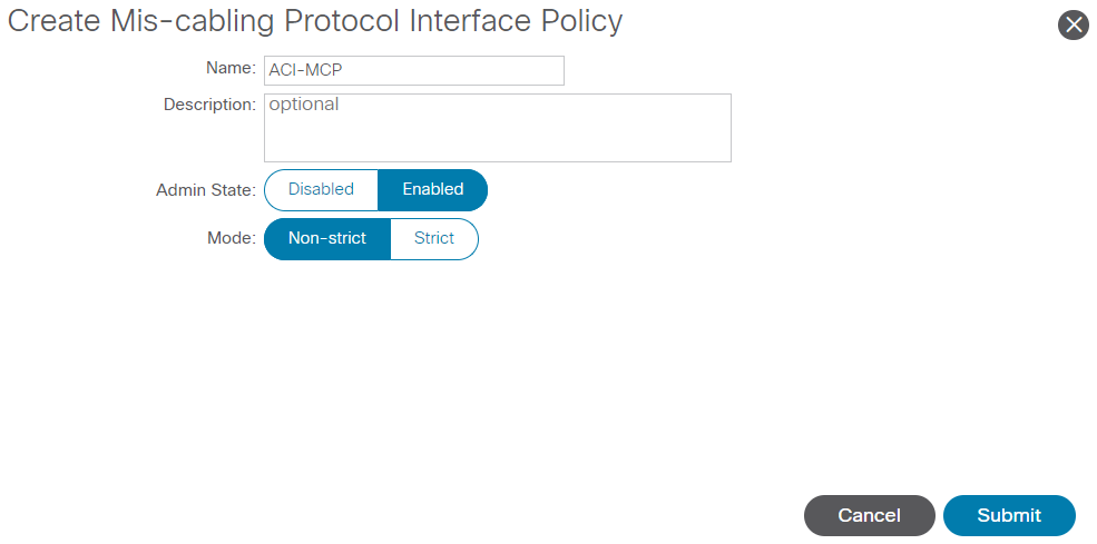 Create Mis-Cabling Protocol Interface policy screen