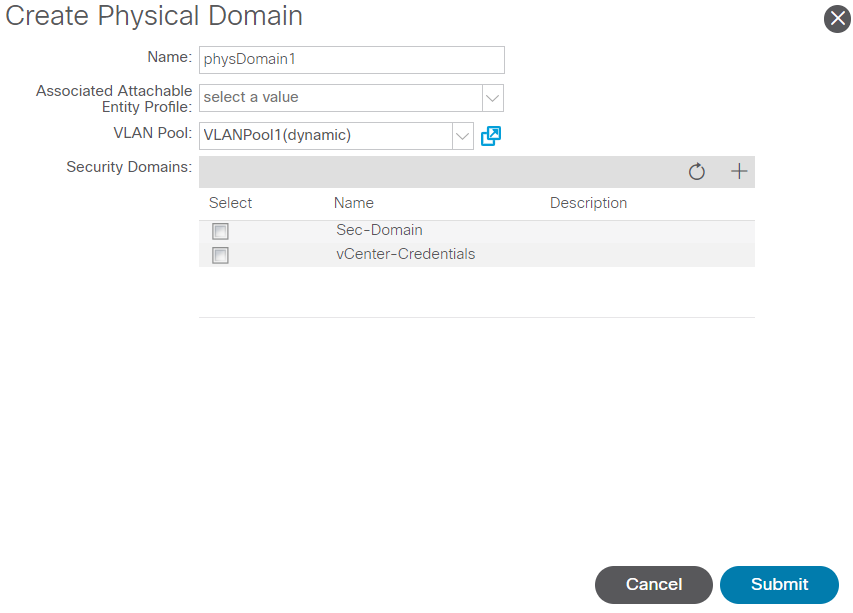 Create Physical Domain screen