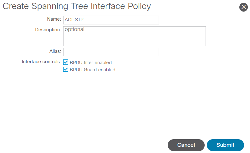 Create Spanning Tree Interface Policy screen