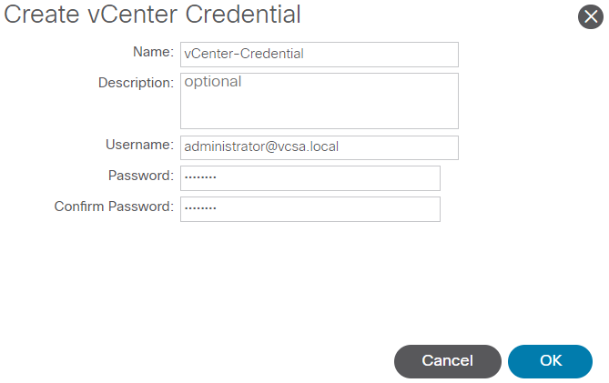 Create vCenter Credential screen