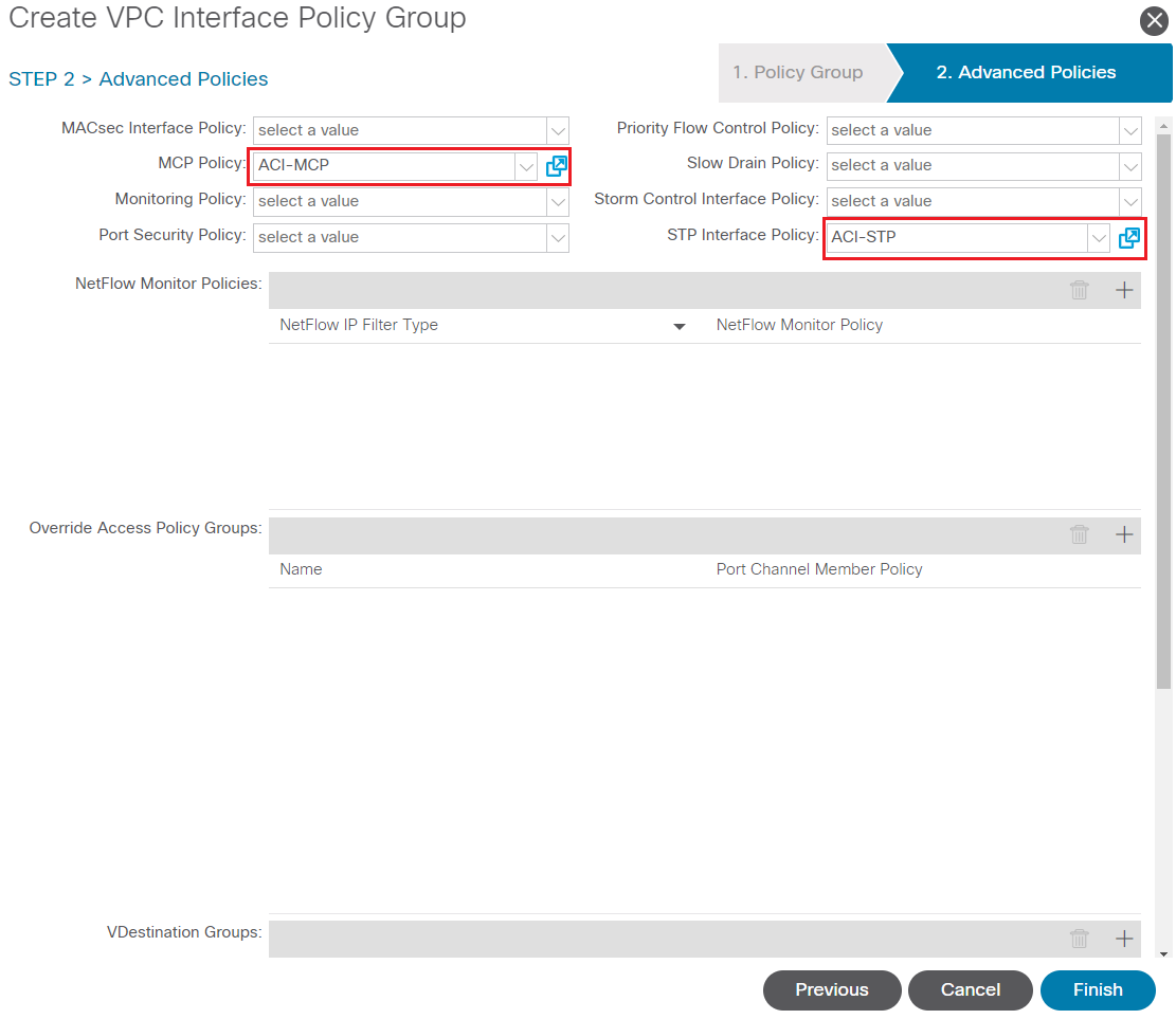 Create VPC Interface Policy Group screen (continued)