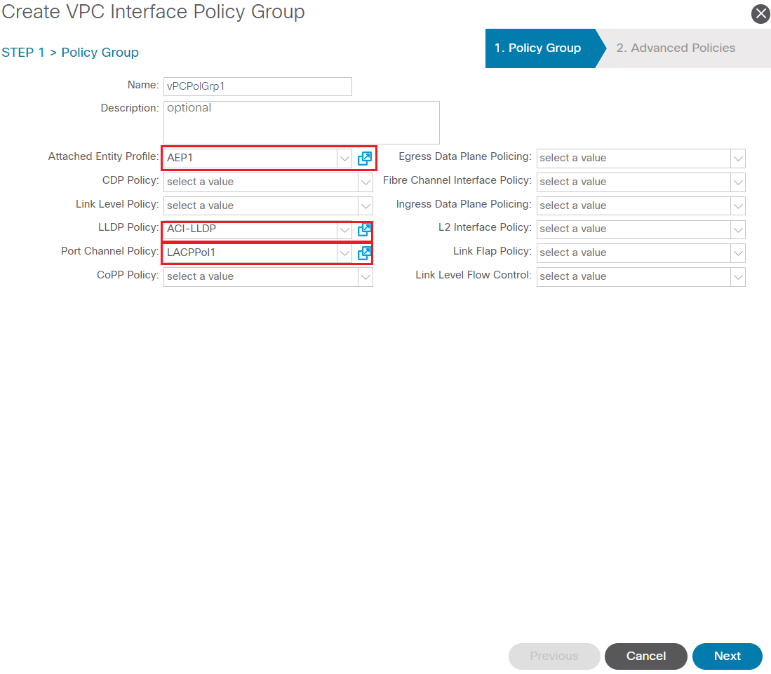 Create VPC Interface Policy Group screen