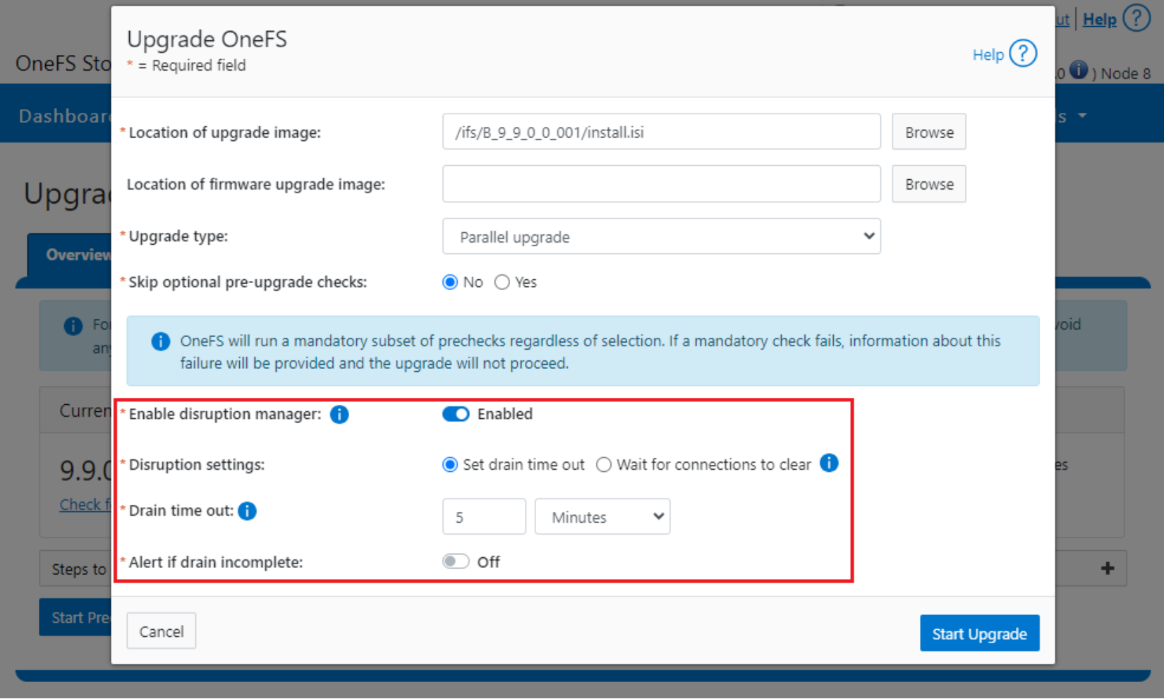 WebUI screenshot showing OneFS parallel upgrade disruption manager configuration.