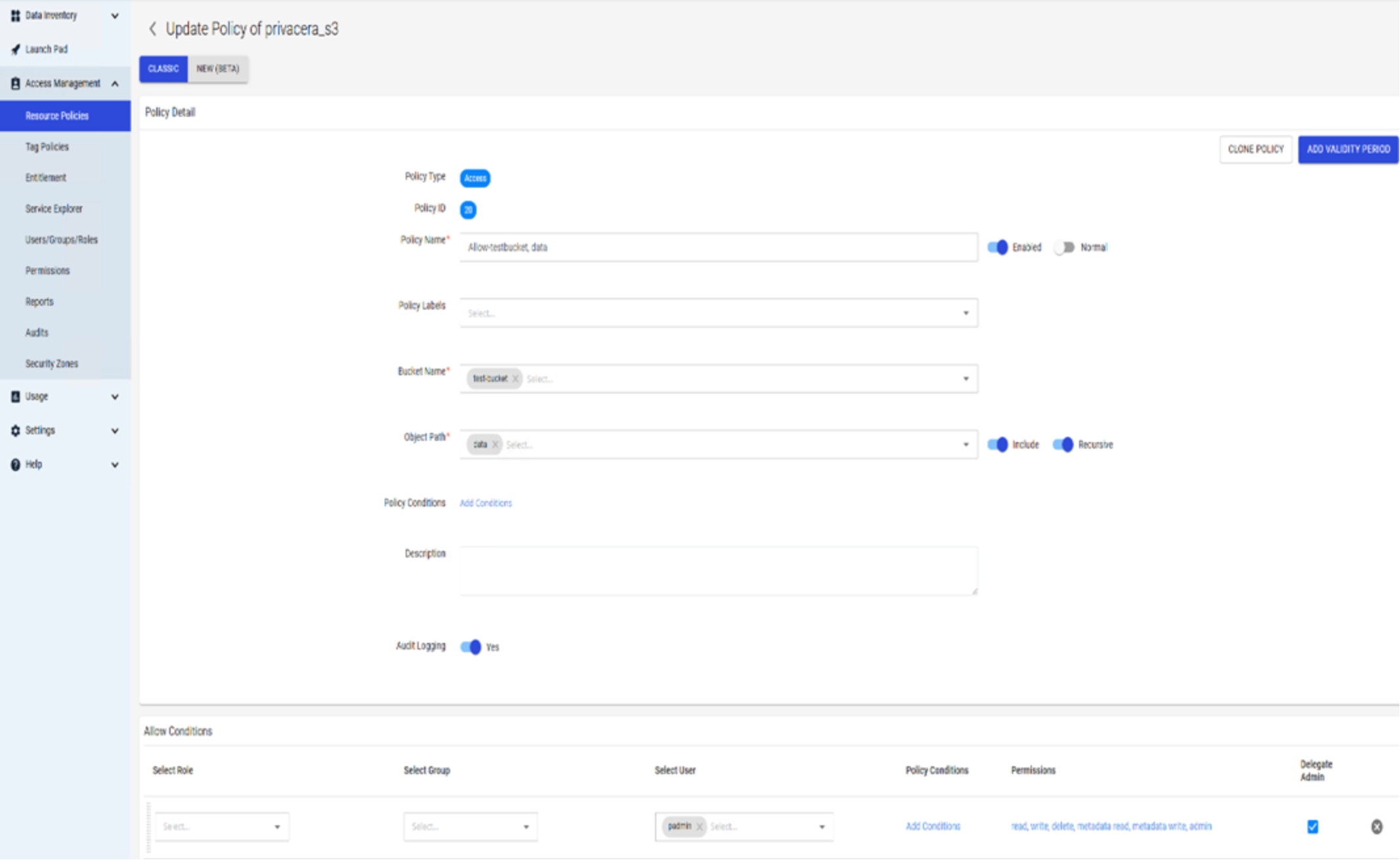 Screenshot of a policy configured in privacera platform. 