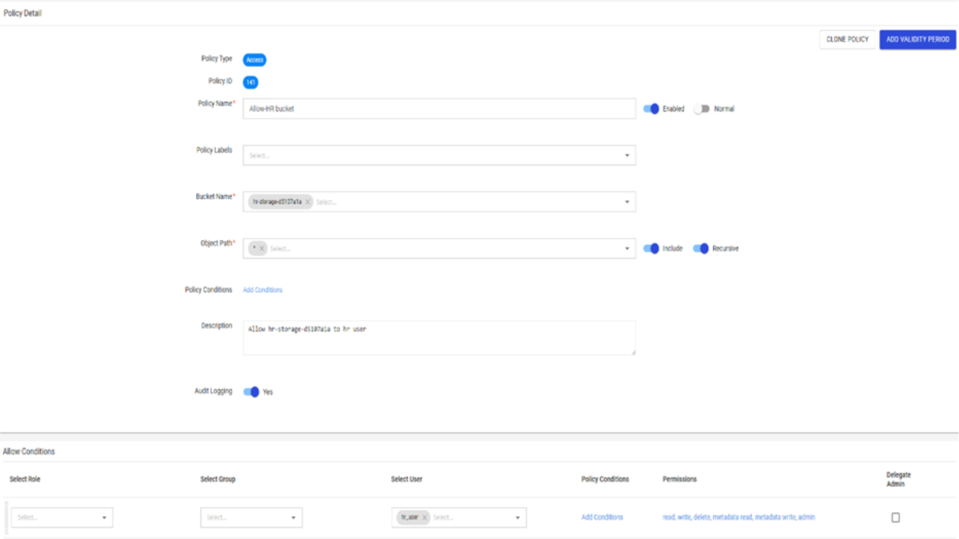 Screenshot of a policy configured in privacera platform. 