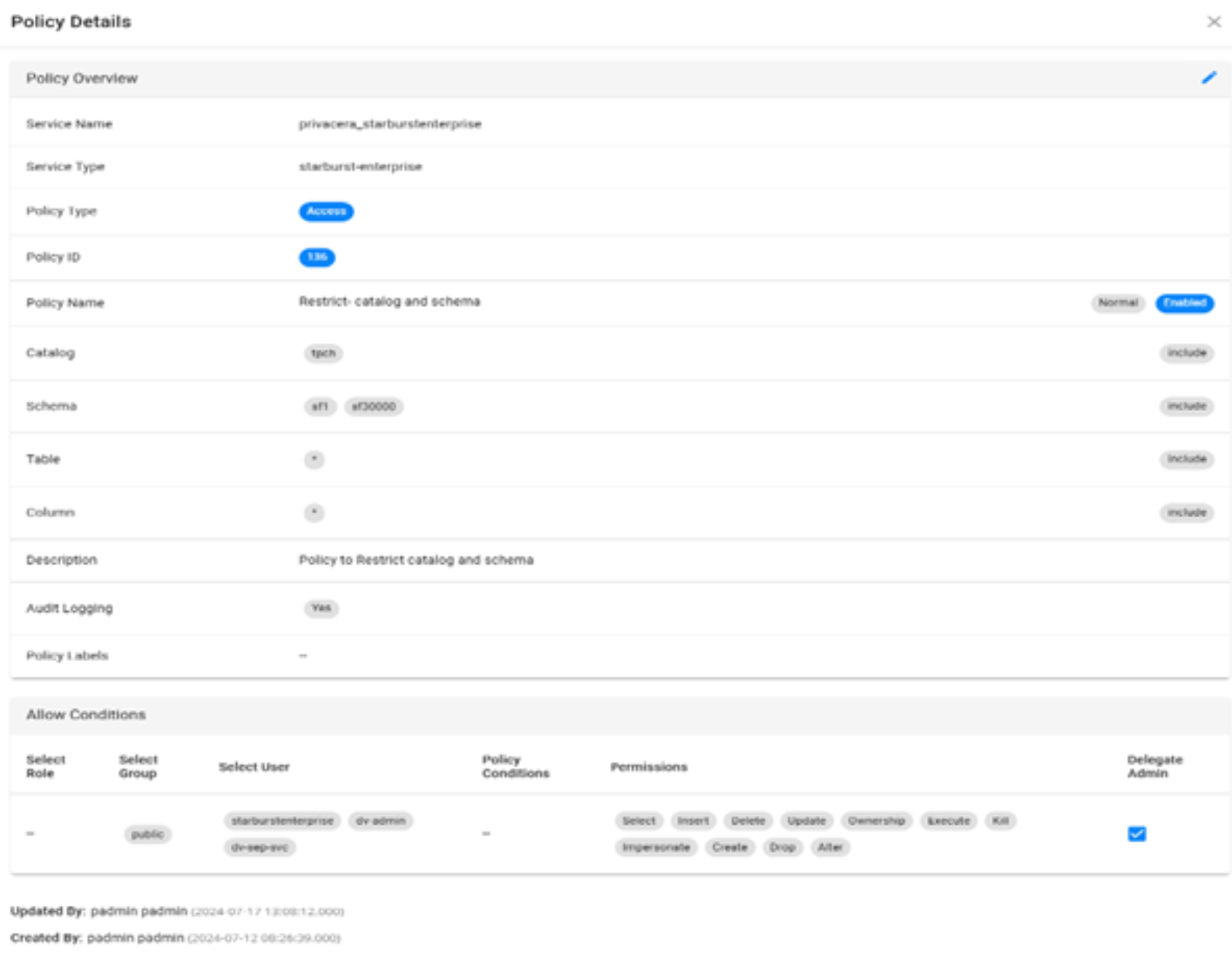 Screenshot of a policy configured in privacera platform. 