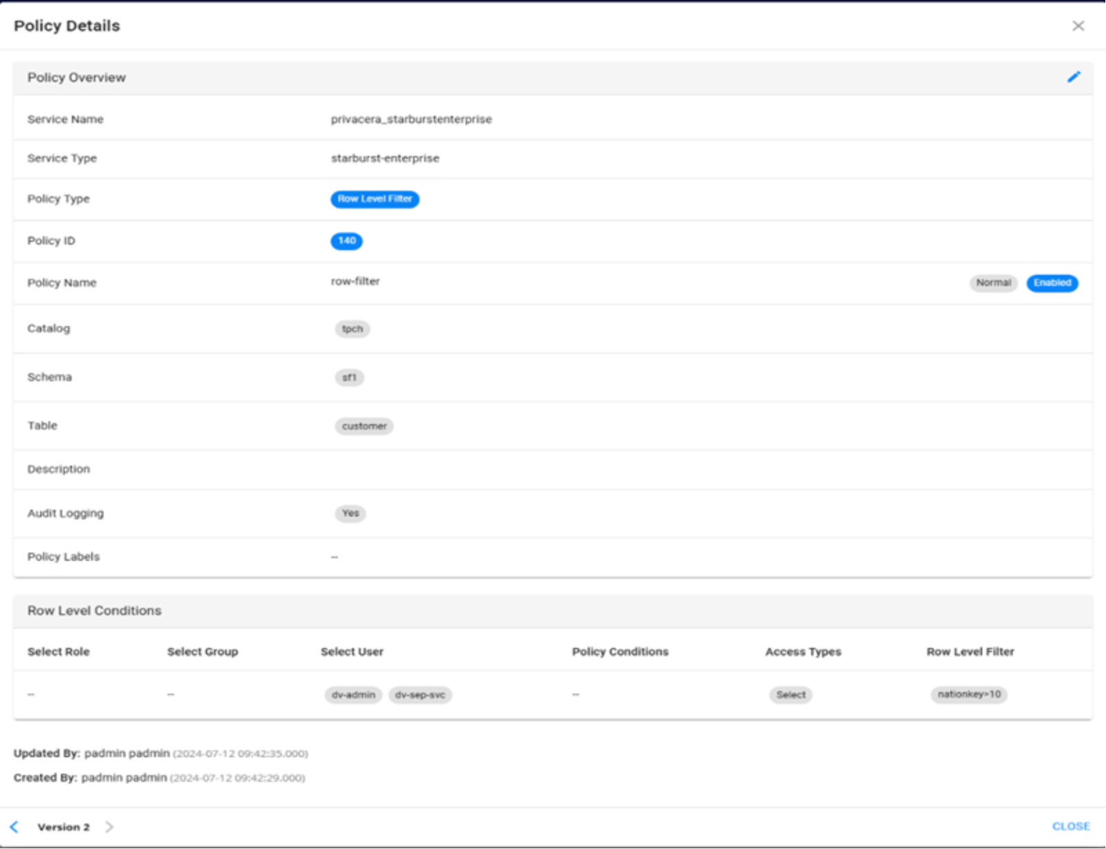 Screenshot of a policy configured in privacera platform. 