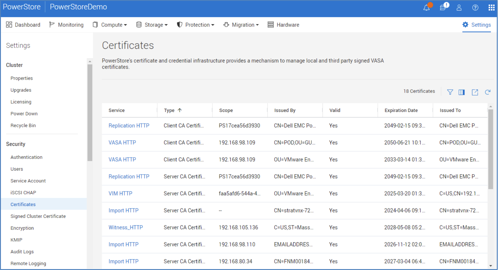 The Certificates page within Settings displays the various certificate and credentials that PowerStore is utilizing.