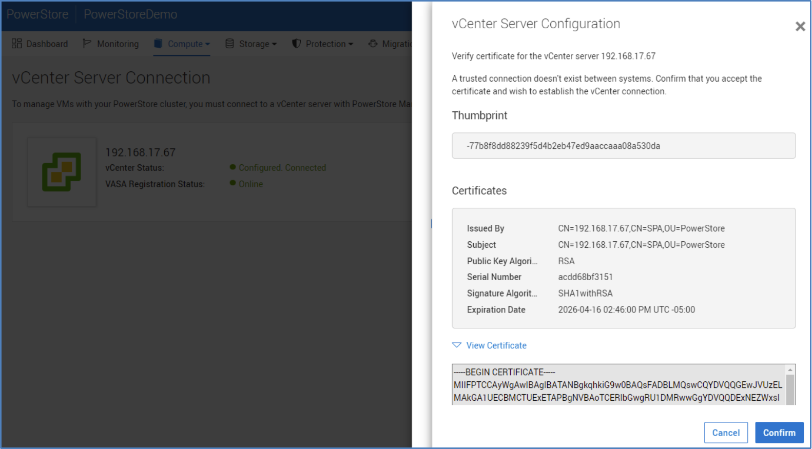 When verifying the certificate, the Thumbprint and certificate information is displayed in PowerStore Manager.