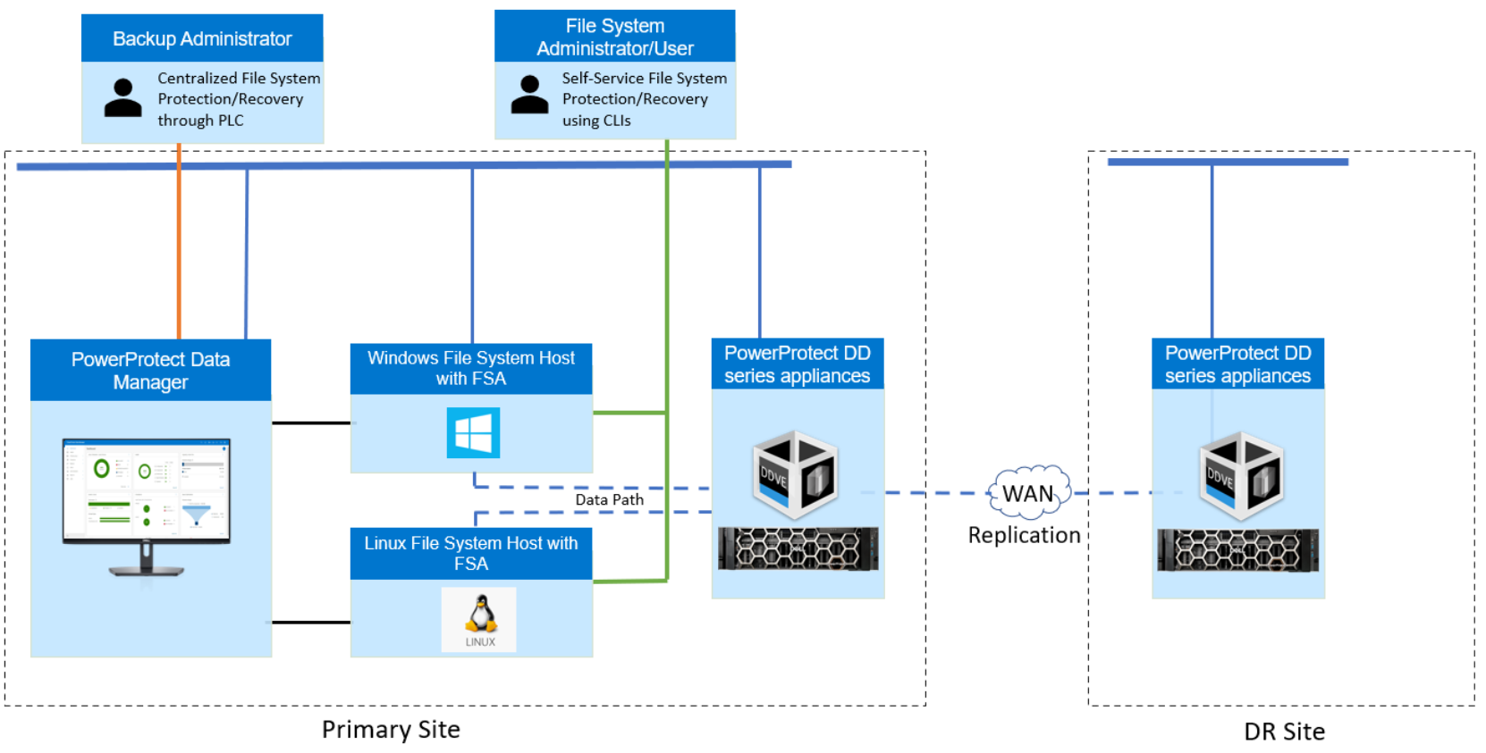 This image shows the Data Manager models for file system protection and recovery 