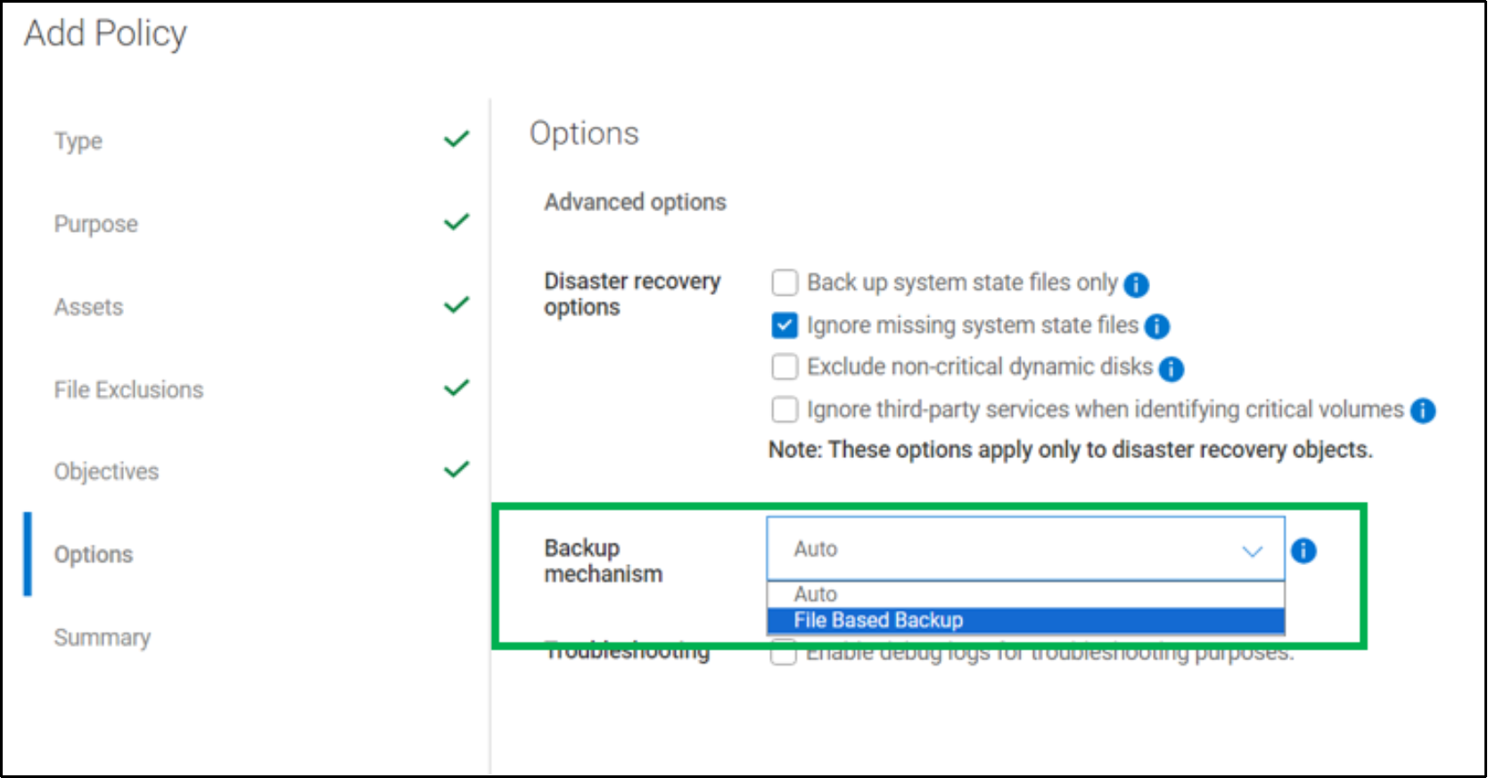 This image shows the option to select the preferred backup mechanism option 