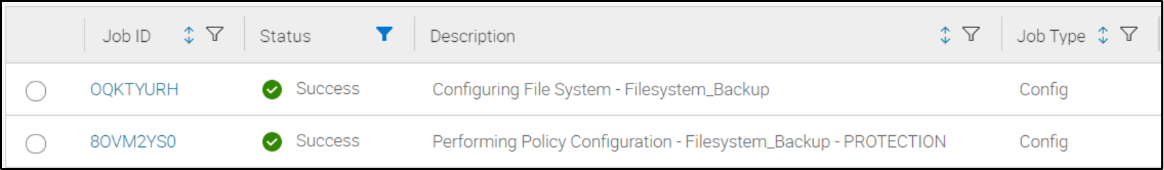 The image shows the successful policy configuration jobs for file system backup.
