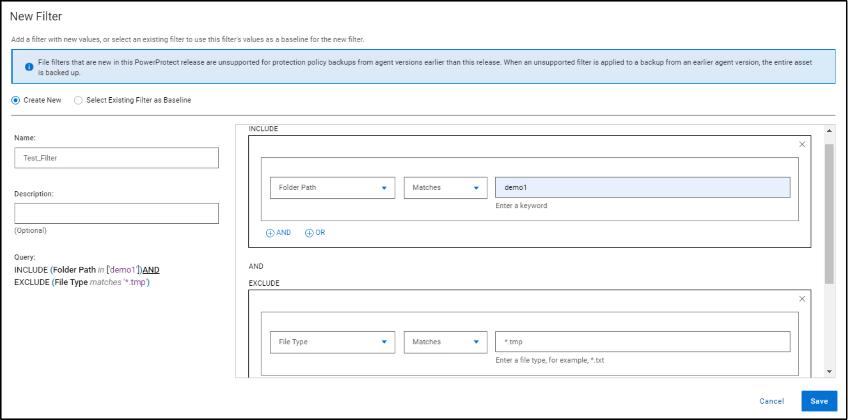 Image showing the option to create a new Inclusion and exclusion filter from the Data Manager UI.