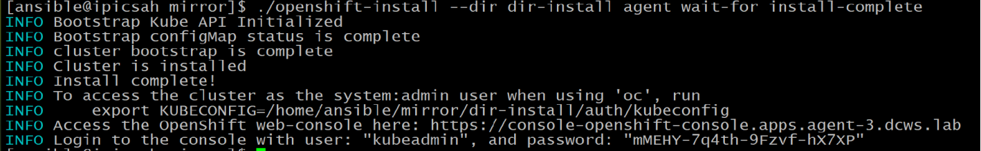 A terminal output displaying output of a successful cluster installation, along with cluster login credentials.