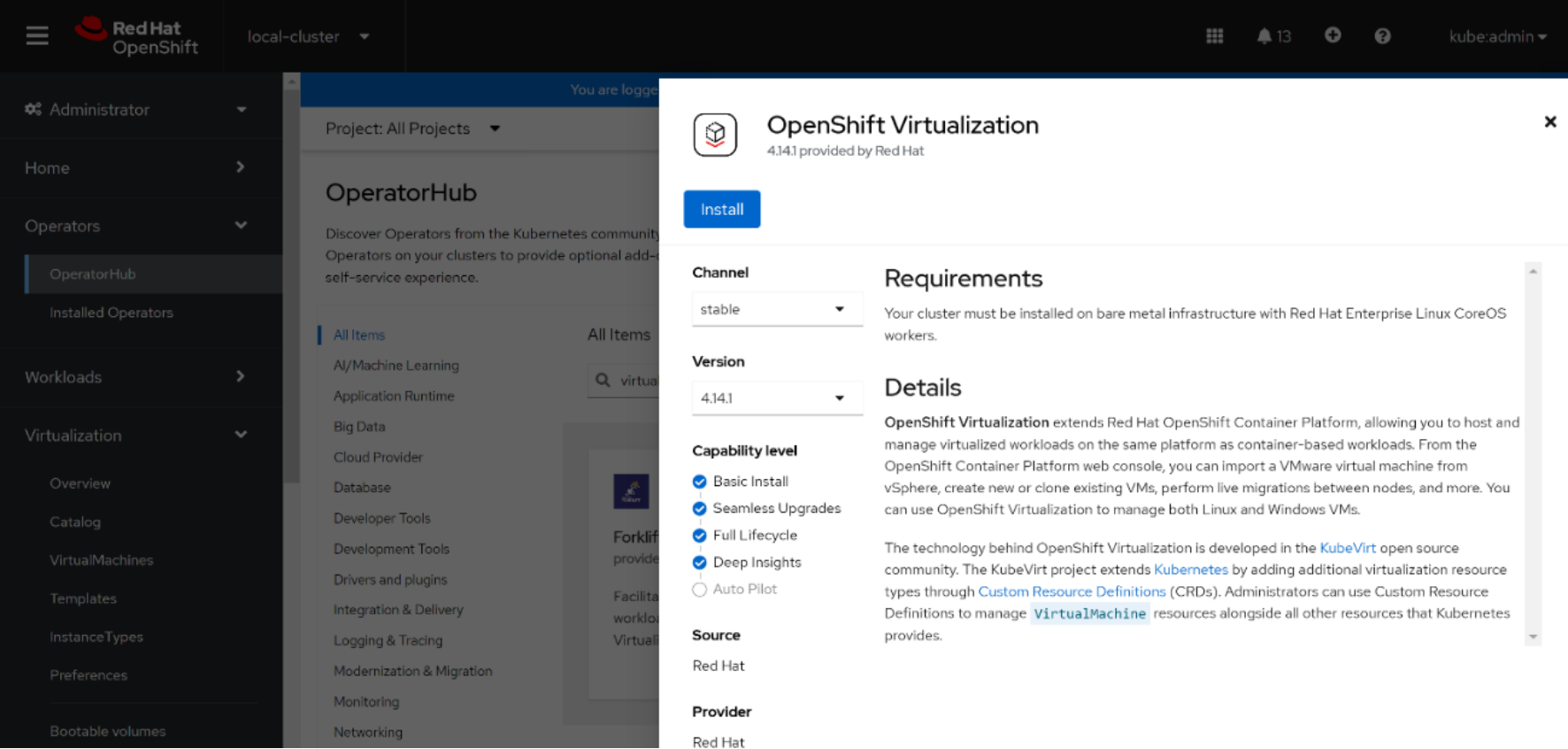 A console window displaying the OpenShift Virtualization operator.