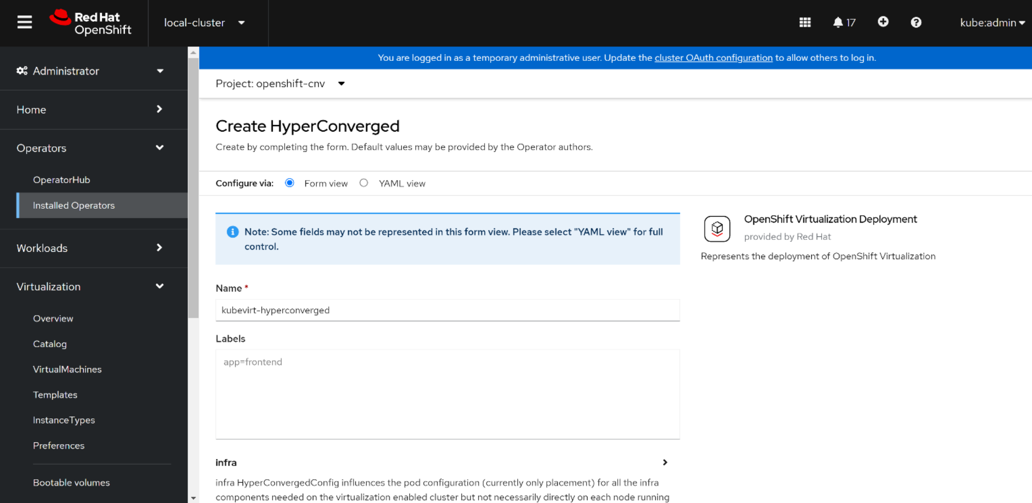 A console window displaying a HyperConverged CR for OpenShift Virtualization operator.