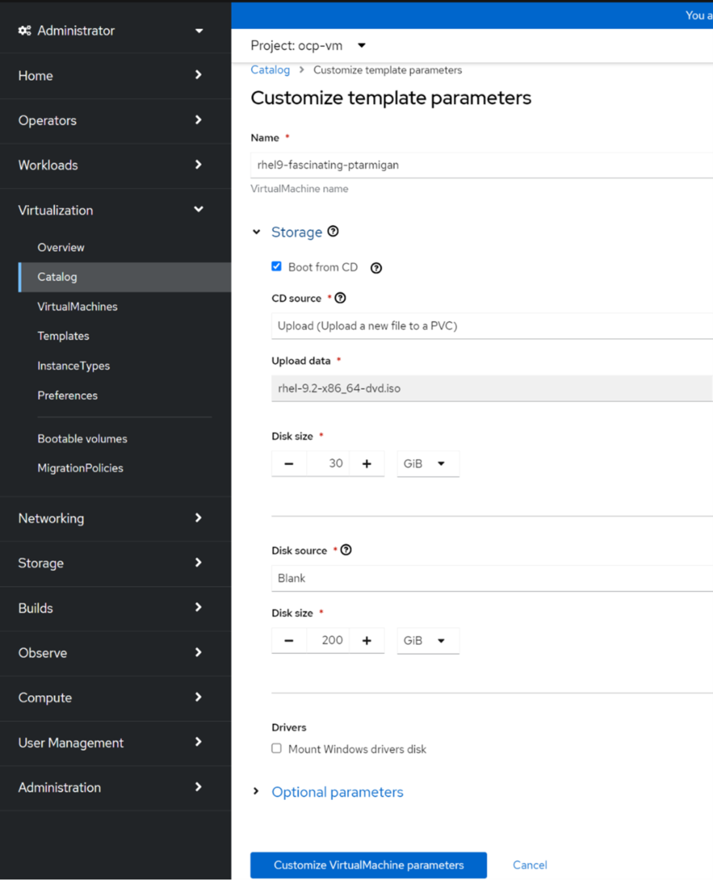 A page displaying information on how to customize template parameters on a VM