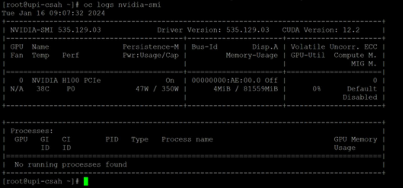 A terminal displaying the NVIDIA GPU cluster policy installation status.