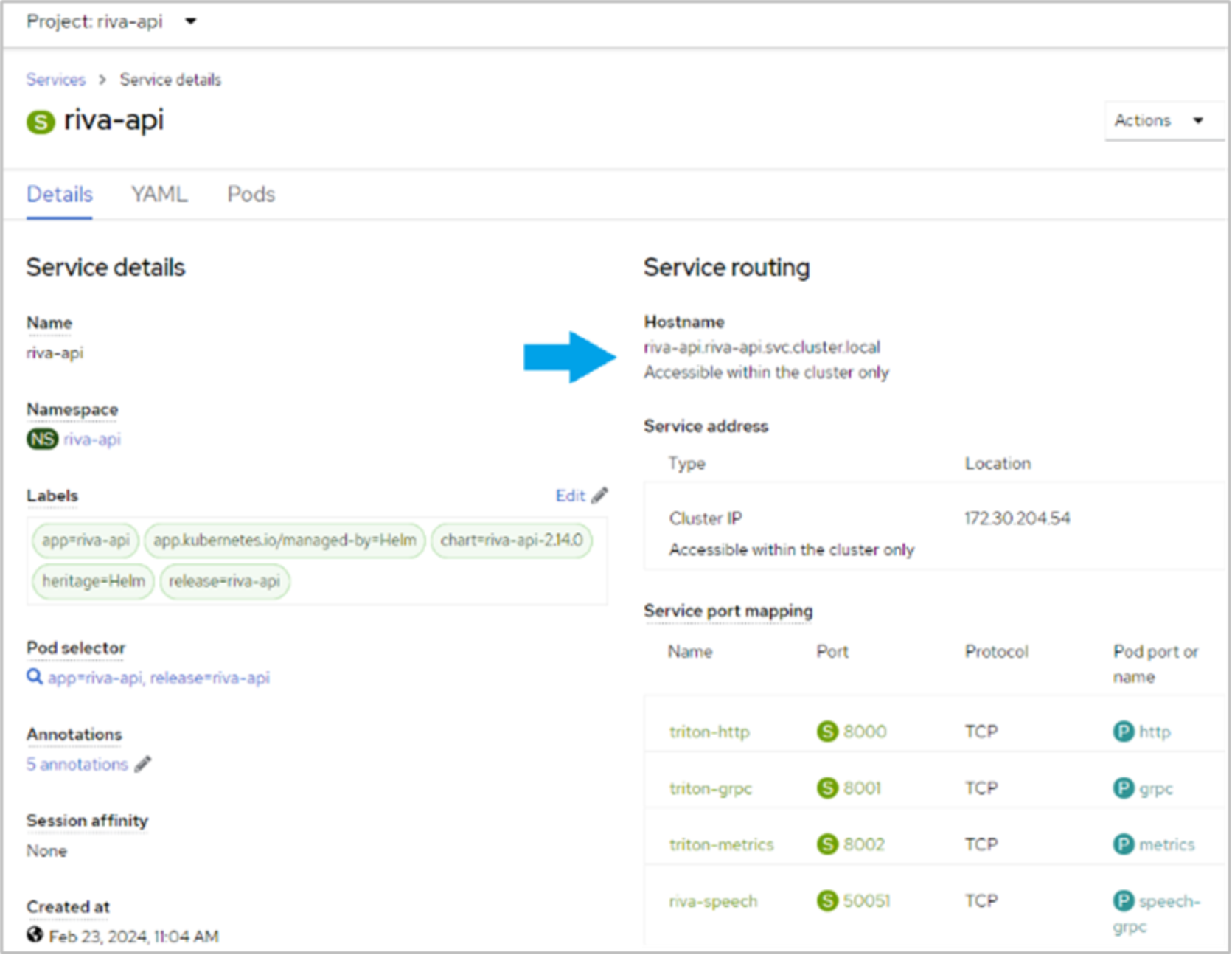 Screenshot of the Red Hat OpenShift console with the service created for Riva API server. Highlighted for the hostname.