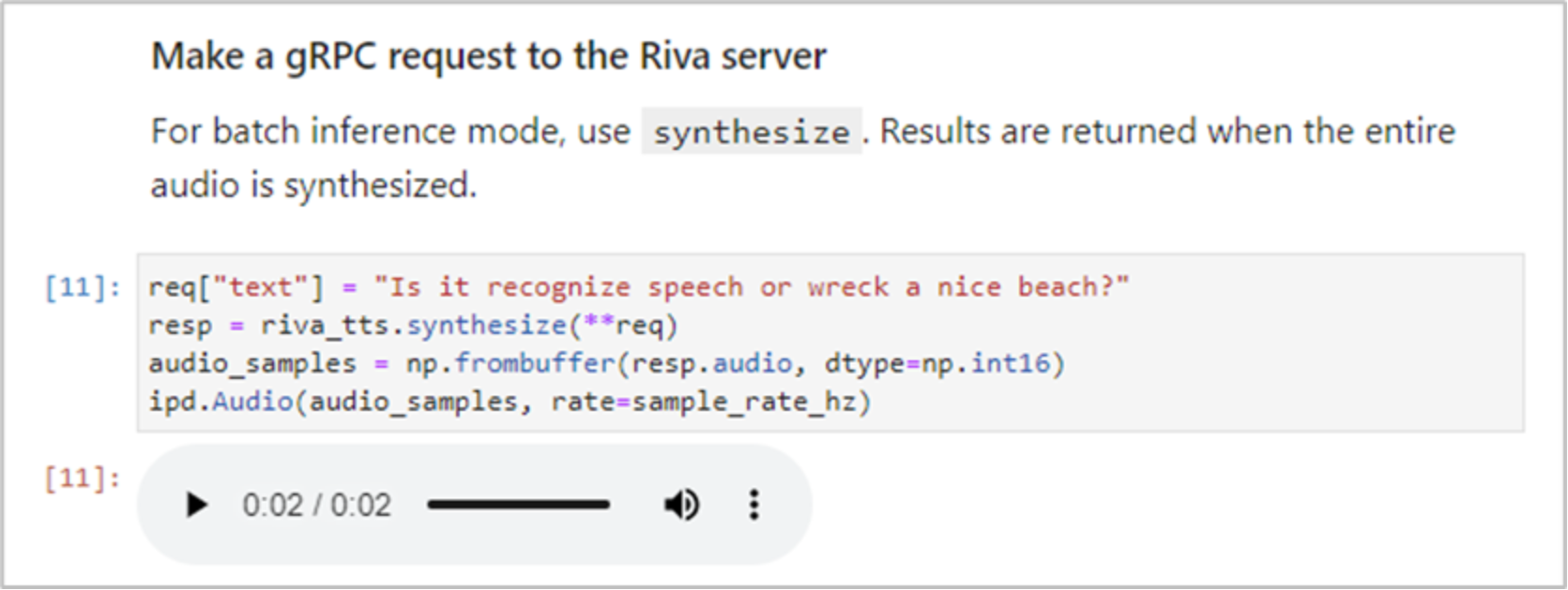 Screenshot of the TTS Jupyter notebook example generating audio from a sample text with Red Hat OpenShift AI.