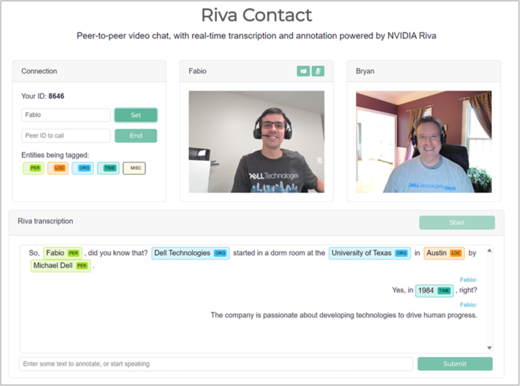 Screenshot of the Riva Contact web application demo showing the video of the two participants of the call and the transcription of their conversation.