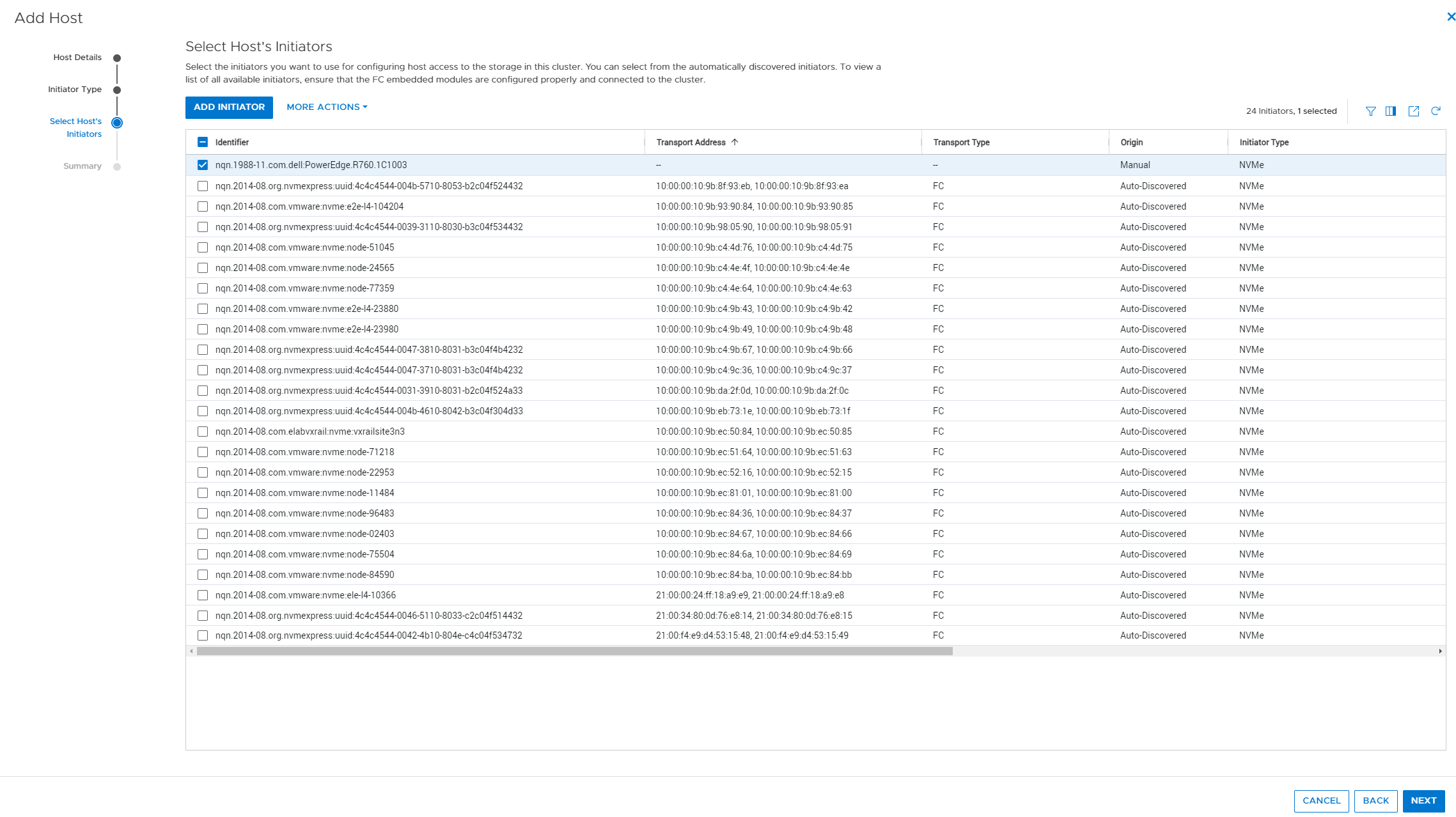 Add Host - Select Host's Initiators example