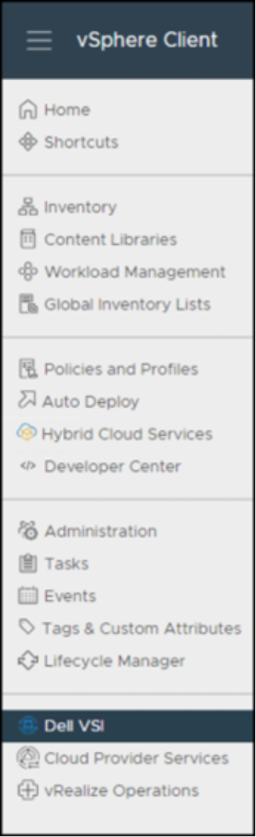 A screenshot of the vSphere Client Dell VSI menu