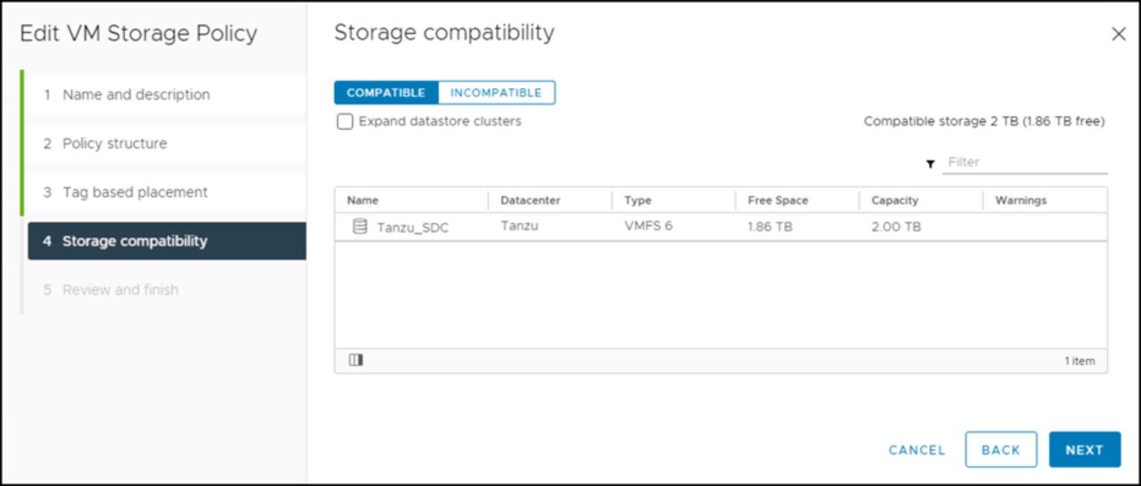 SDC storage policy – Step 7