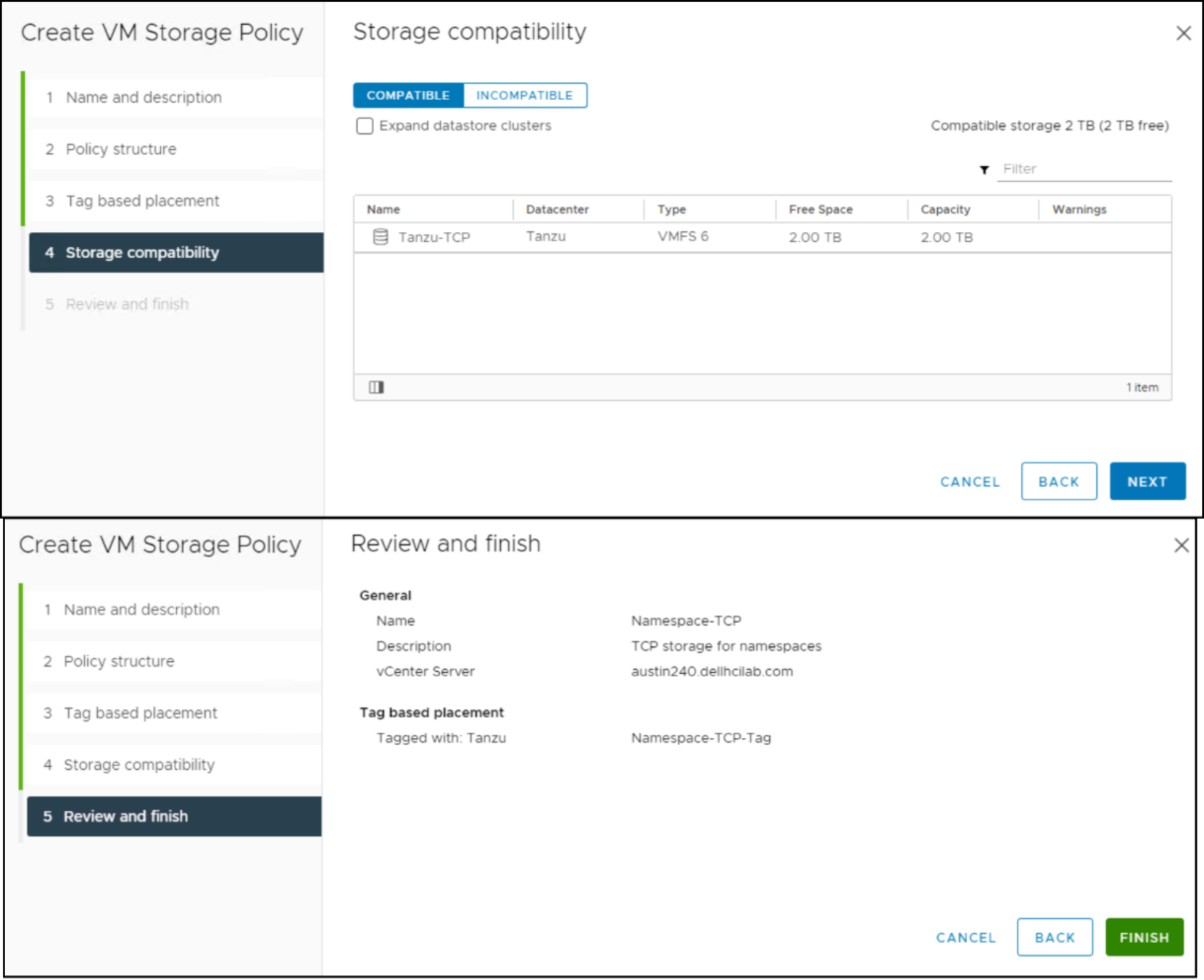 Storage policy Namespace – TCP