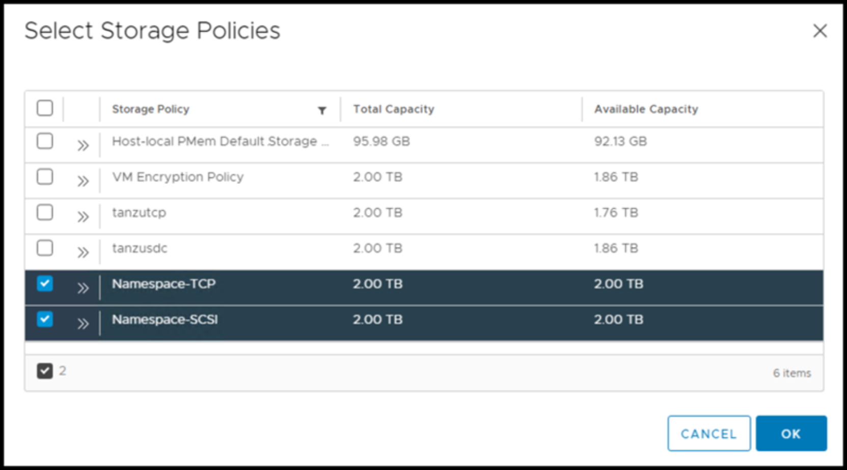 Namespace storage – storage policies
