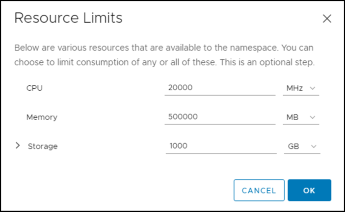 Namespace capacity and usage – set limits