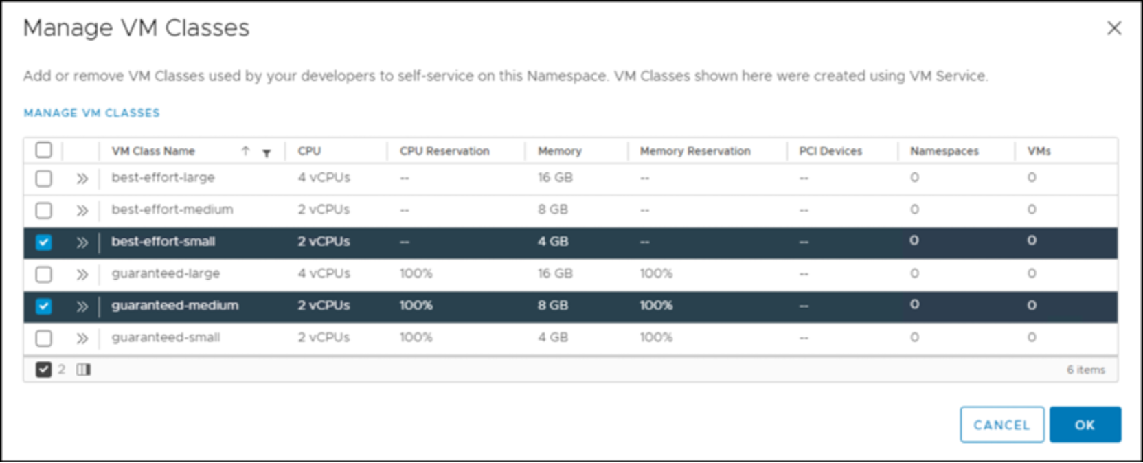 Manage VM Classes