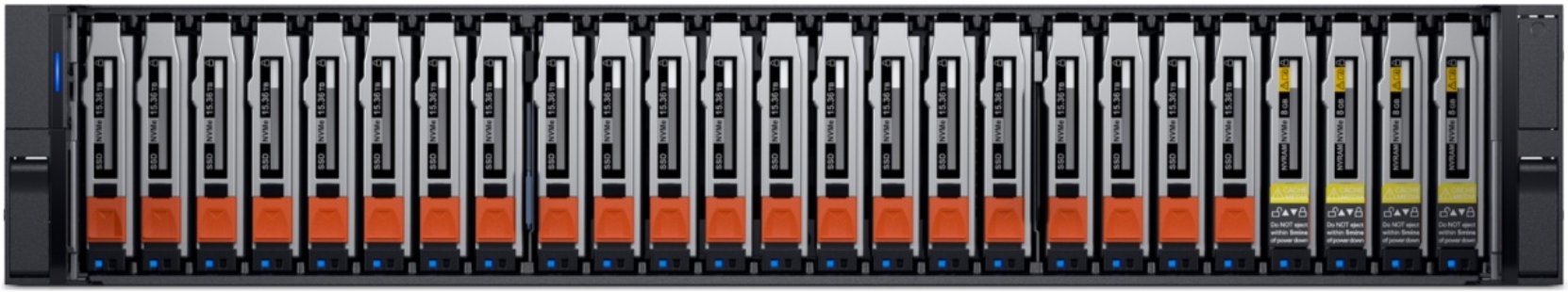 Front view of a PowerStore 2U rackmount appliance with the front bezel removed. With the bezel removed, the data drives and cache drives are accessible. 