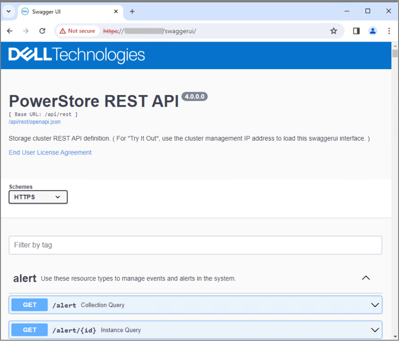 PowerStore Manager Swagger UI is displayed in a web browser.  