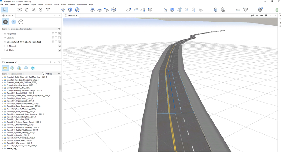 This image shows a screenshot of building a road structure manually in ArcGIS CityEngine.