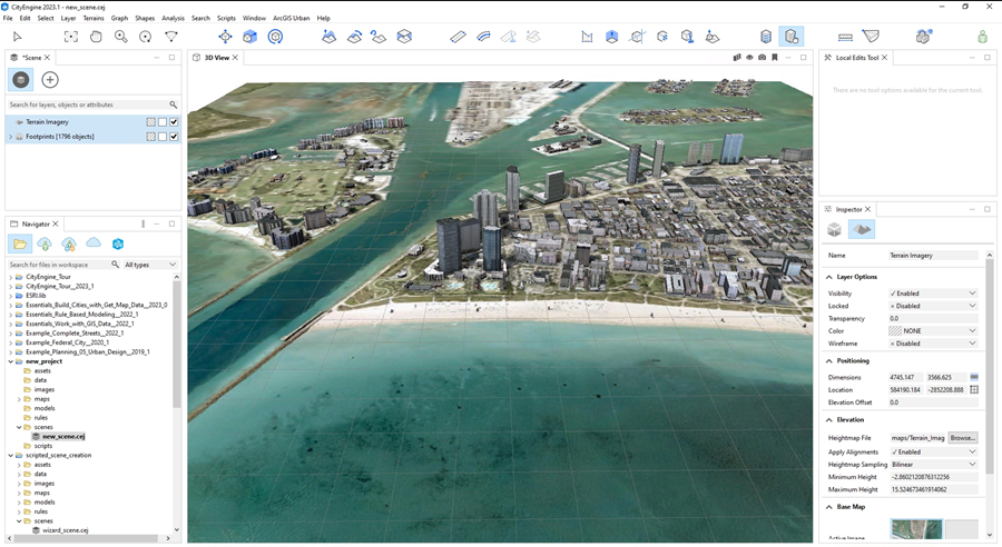 This image shows a screenshot of a CityEngine model with terrain mapping data.