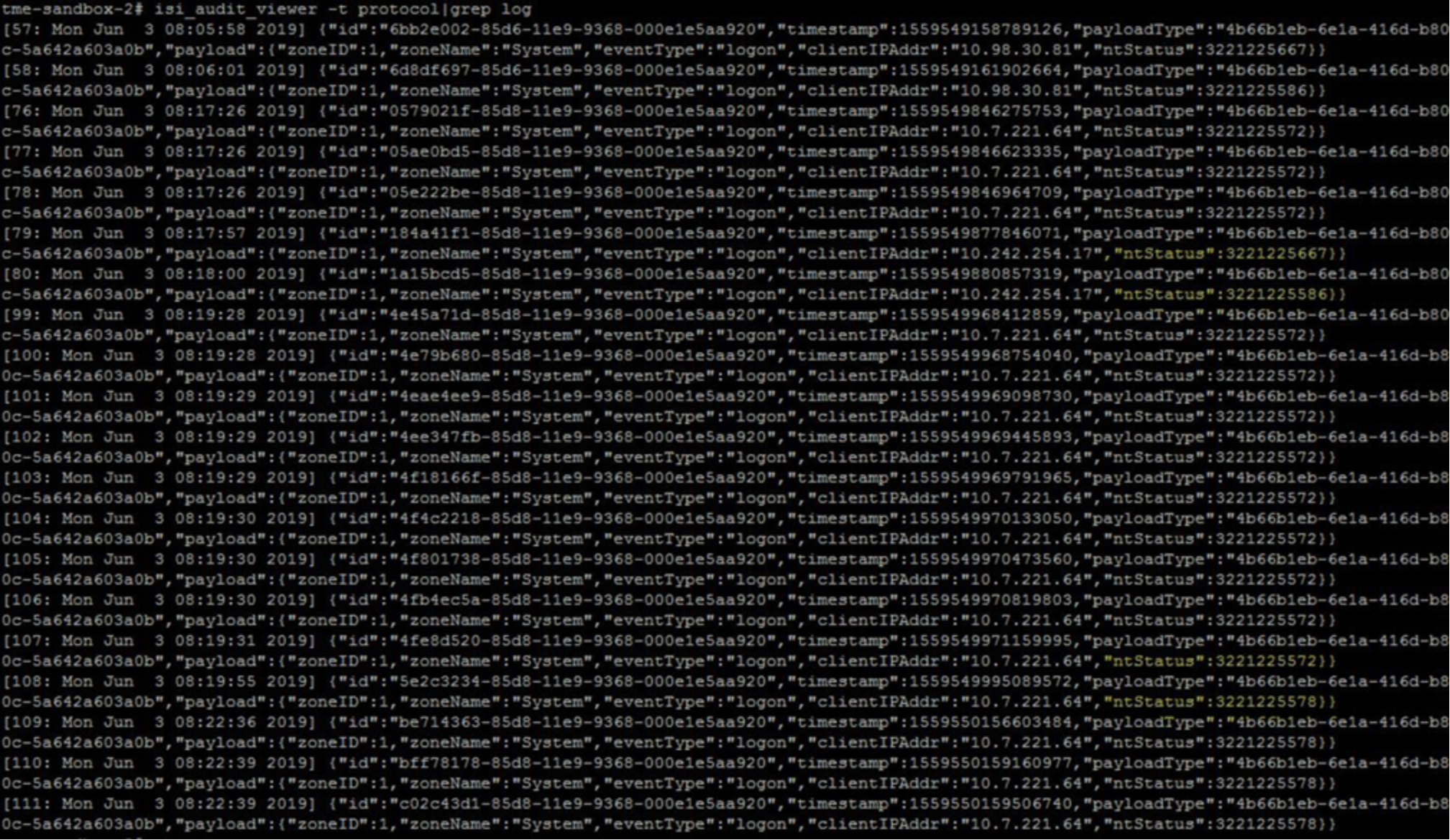 this shows the output of the command "isi_audit_viewer -t protocol|grep log".