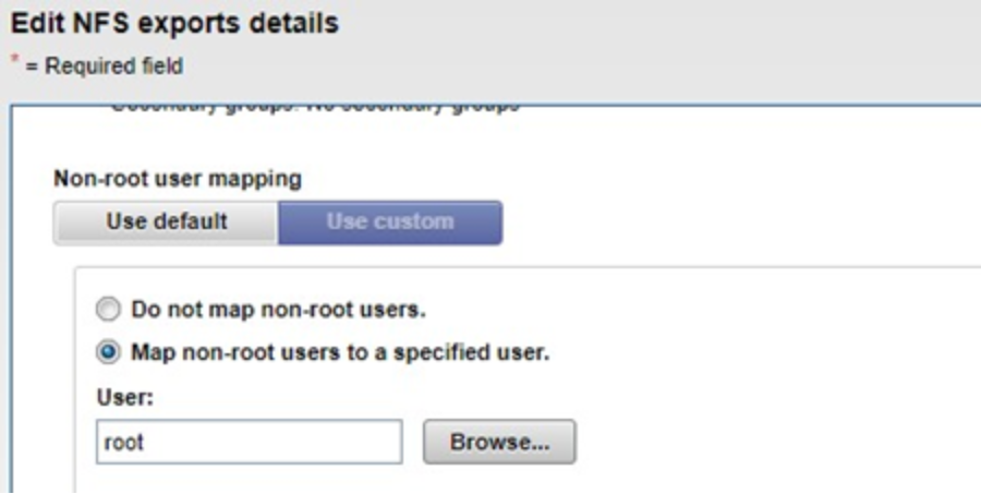 This is a screenshot of NFS configuration - mapping non-root users to root.