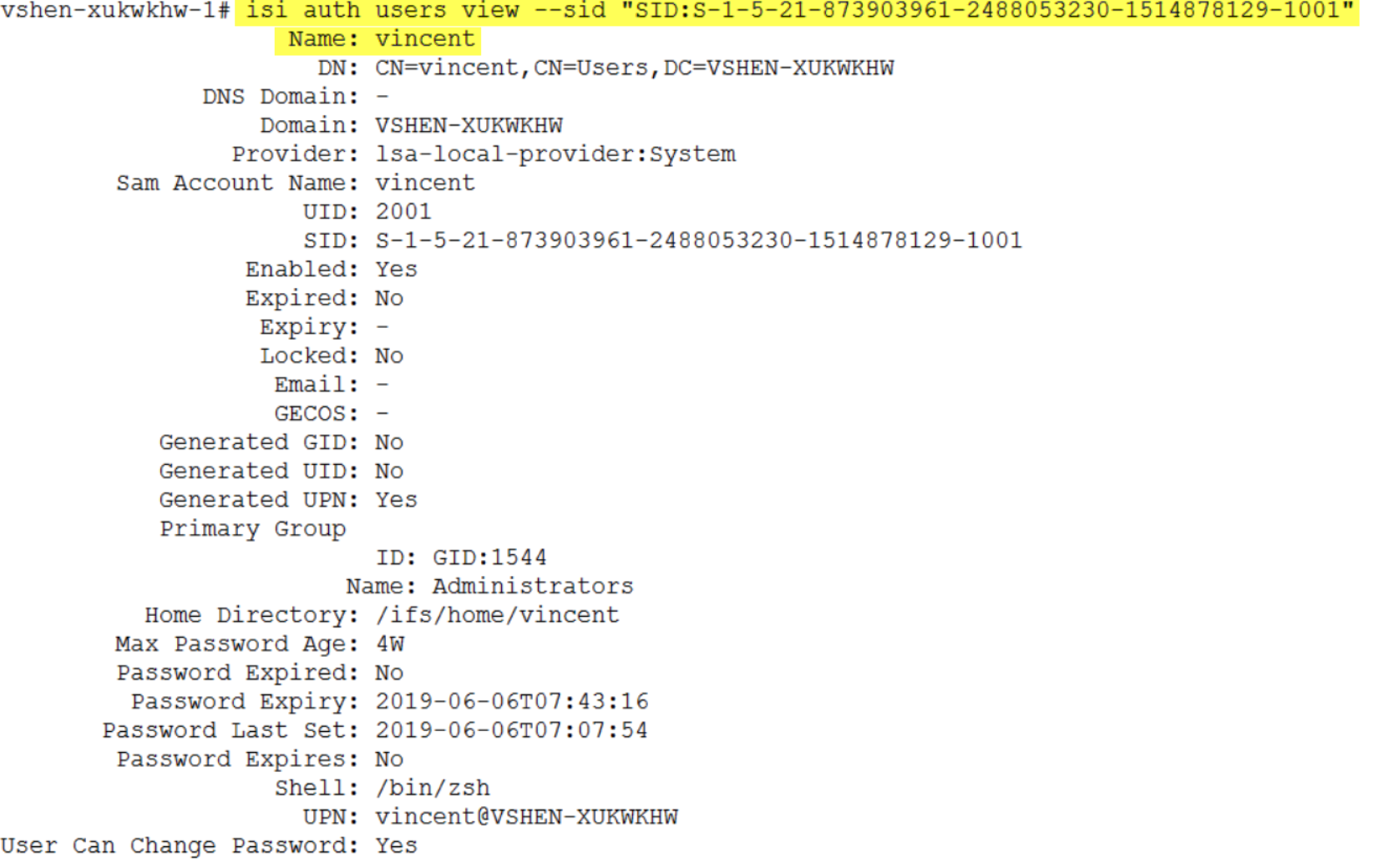 This screenshot shows how to use the command "isi auth users view" to get the user name from its SID.