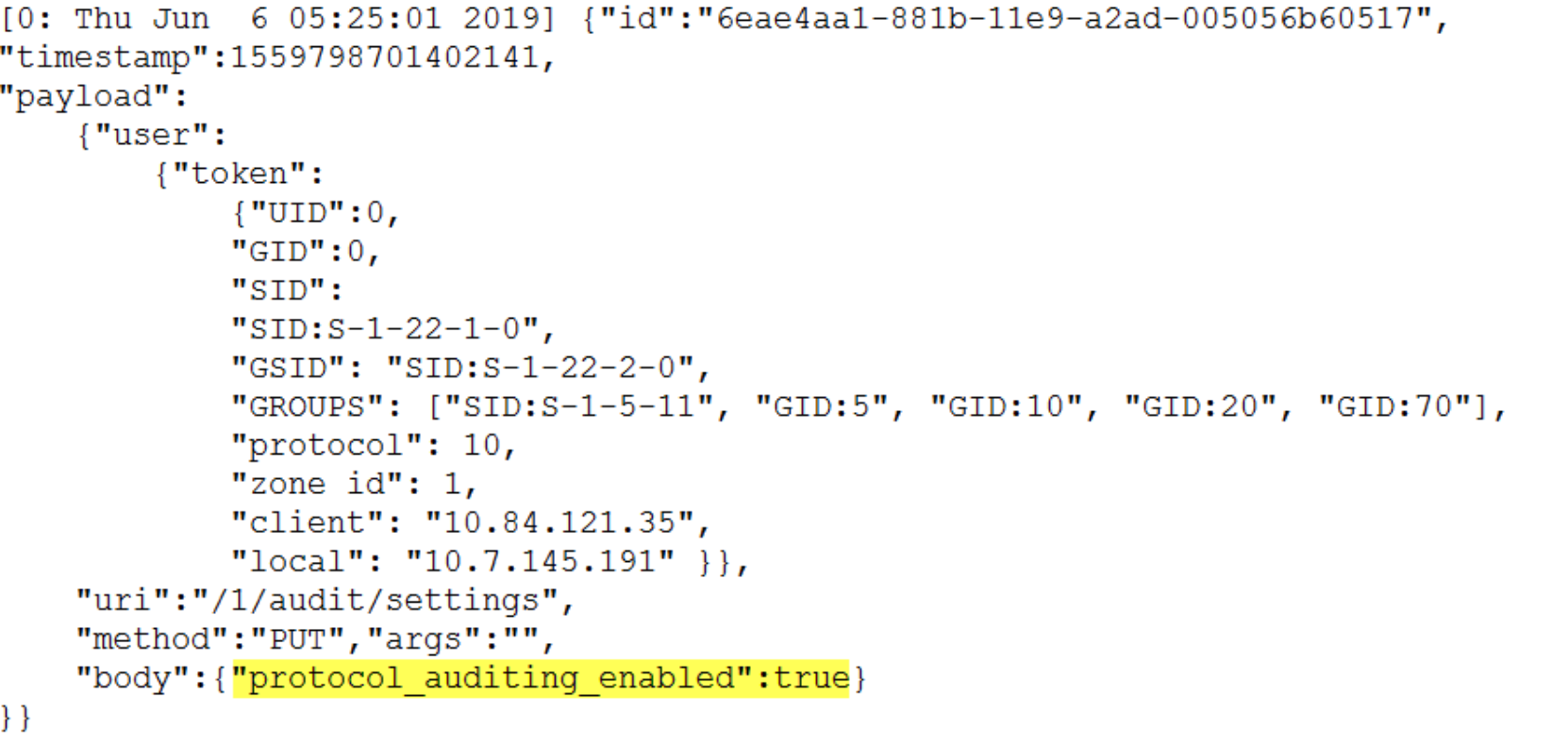 This screenshot shows an example in which the protocol access audit log is enabled.