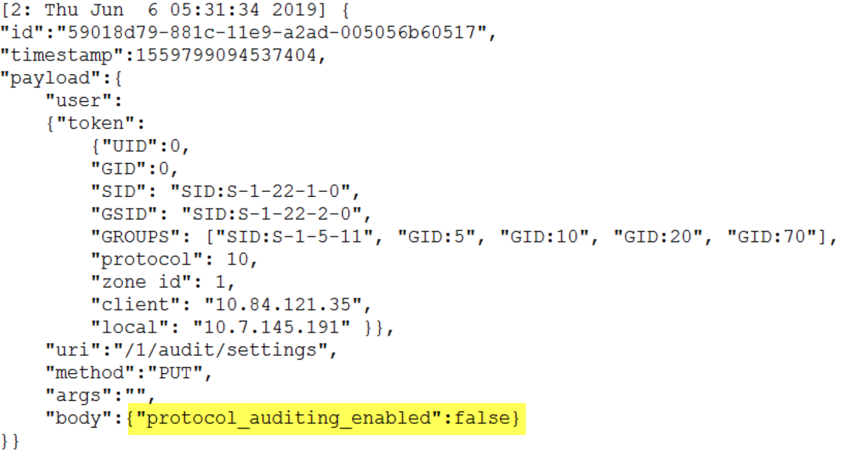 This screenshot shows an example in which the protocol access audit log is disabled.