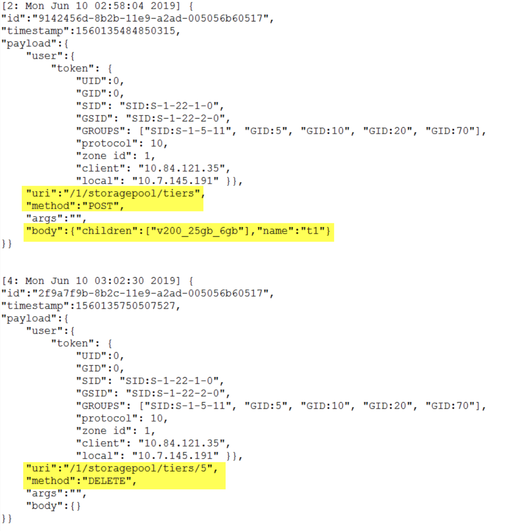 This screenshot shows how to capture the audit log for creating and deleting a storage tier.