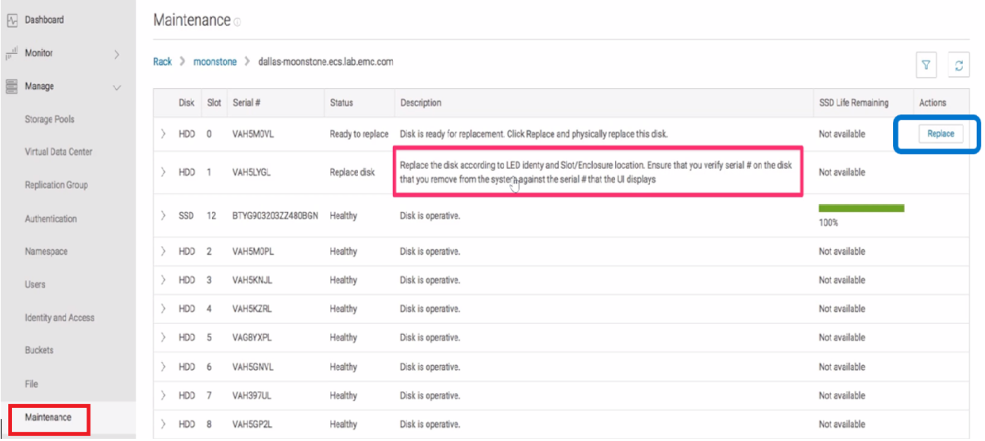 This is a snapshot shows Disk replacement automation in the ECS UI portal.