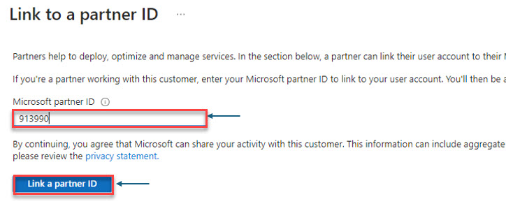 shows the Link to a Microsoft page where you enter the partner ID, and then click the button called "Link a Partner ID"