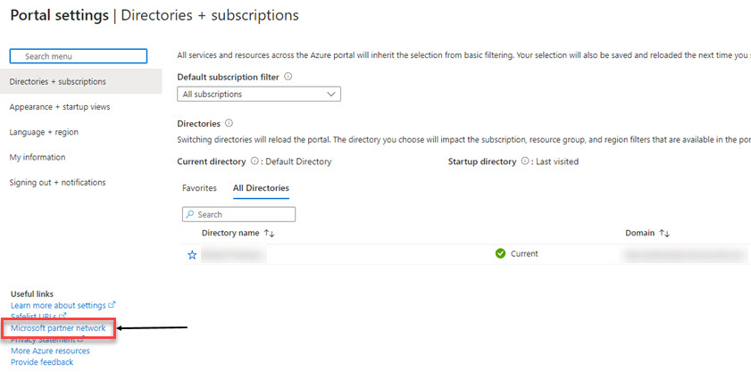 shows the Microsoft partner network link in the Portal Settings window in the Useful links list