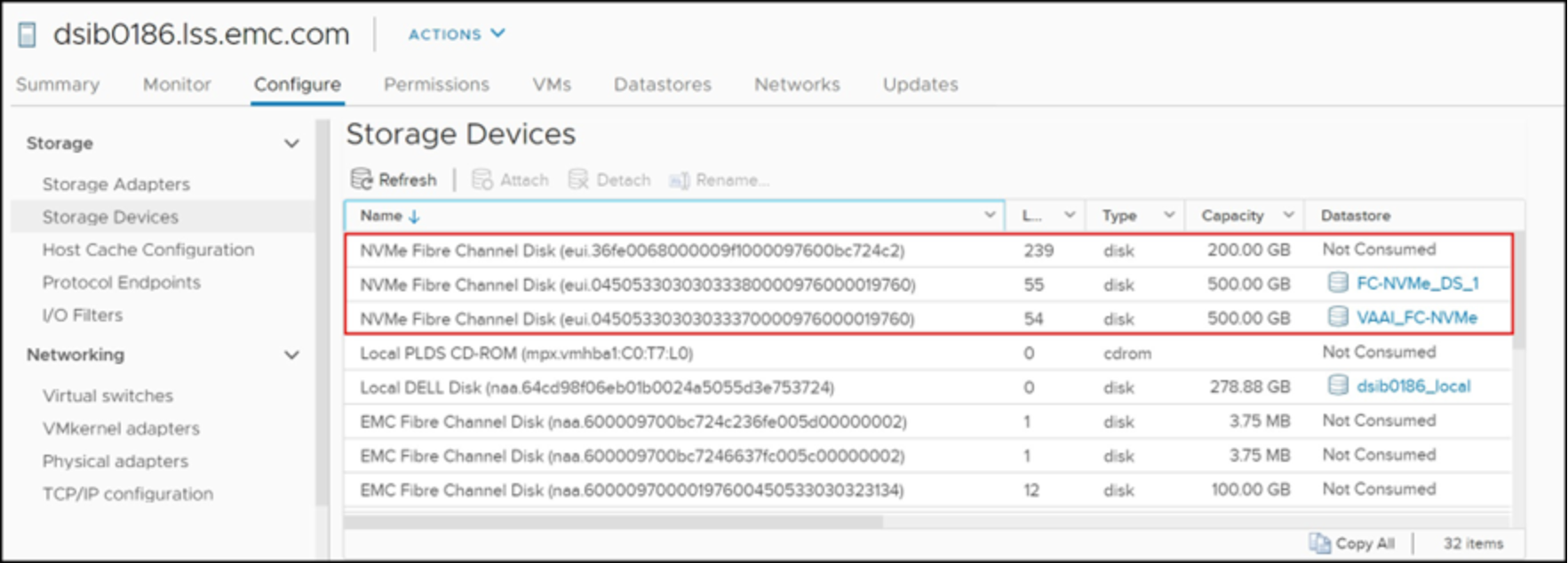 FC-NVMe devices in the vSphere Client 