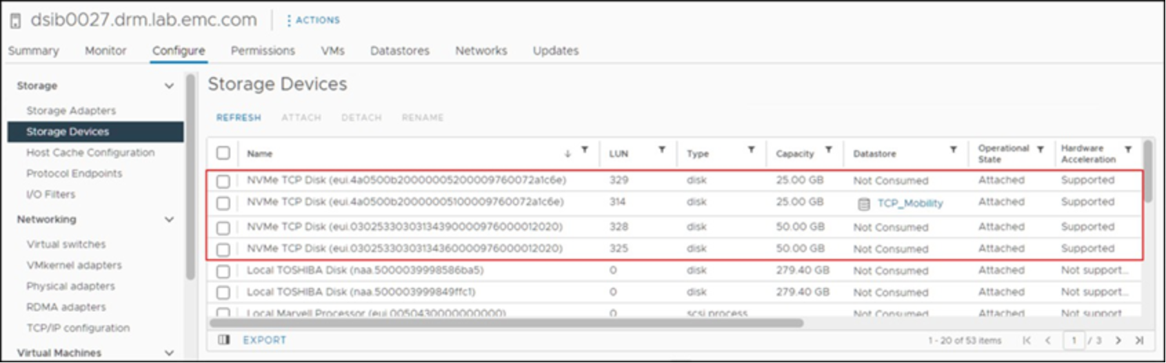 NVMe/TP devices in the vSphere Client 